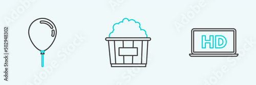 Set line Laptop screen with HD video technology, Balloon ribbon and Popcorn in cardboard box icon. Vector