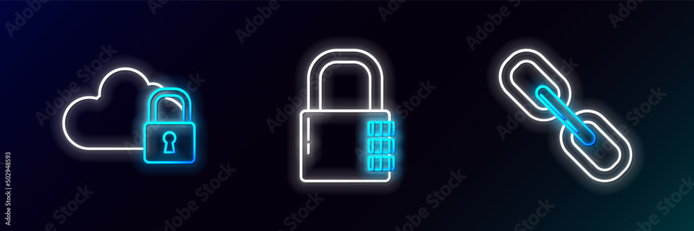 Set line Chain link, Cloud computing lock and Safe combination icon. Glowing neon. Vector Set line Chain link, Cloud computing lock and Safe combination icon. Glowing neon. Vector