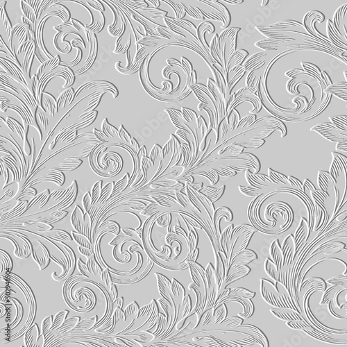 Floral Baroque white 3d seamless pattern. Vector embossed grunge background. Repeat emboss backdrop. Surface relief 3d flowers leaves ornament in Baroque style. Textured design with embossing effect