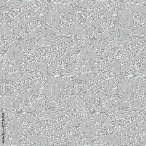 Textured marihuana leaves 3d seamless pattern. White floral emboss marijuana leaves background. Embossed leafy cannabis ornament. Relief grunge plants repeat backdrop. Endless surface grunge texture
