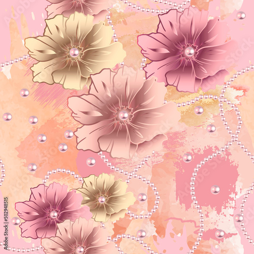 Elegance floral jewelry 3d seamless pattern. Watercolor pastel background with hand drawn brush strokes. Beautiful 3d flowers ornament with necklace, gemstones, pearls, beads. Endless grunge texture