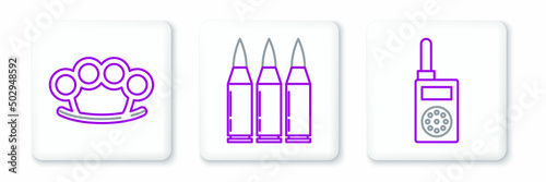 Set line Walkie talkie, Brass knuckles and Bullet icon. Vector