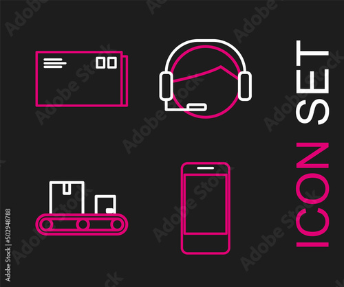 Set line Mobile phone with app delivery tracking, Conveyor belt cardboard box, Support operator touch and Envelope icon. Vector