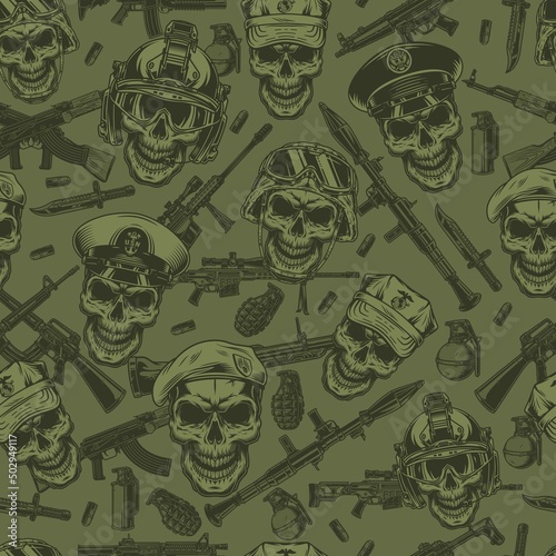 Military skull seamless pattern monochrome
