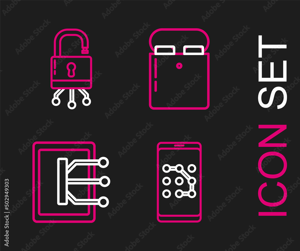 Set line Mobile and graphic password protection, Tablet, Air headphones in box and Lock digital circuit board icon. Vector Set line Mobile and graphic password protection, Tablet, Air headphones in box and Lock digital circuit board icon. Vector