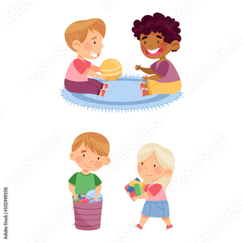 Children putting away toys and playing ball. Education and development concept cartoon vector illustration