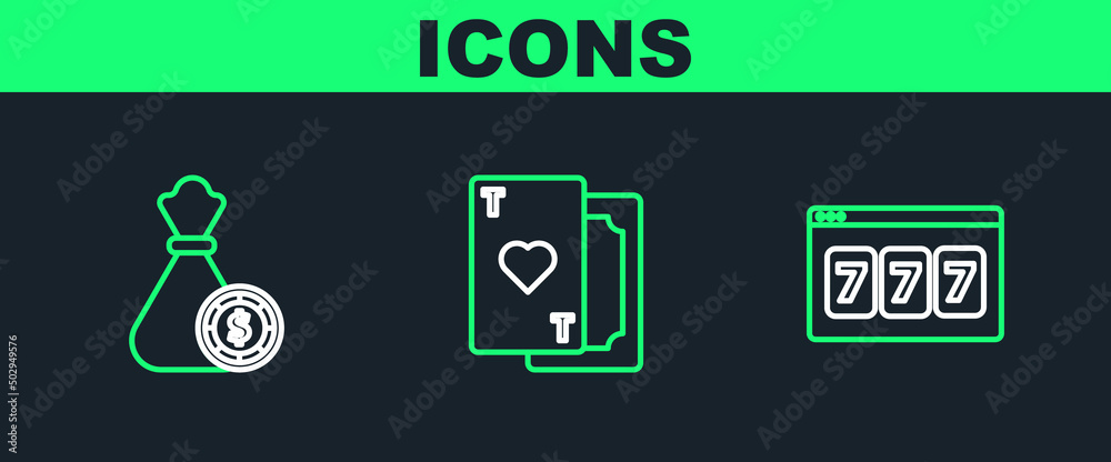 Set line Online slot machine with lucky sevens jackpot, Money bag and casino chips and Playing card heart icon. Vector Set line Online slot machine with lucky sevens jackpot, Money bag and casino chips and Playing card heart icon. Vector