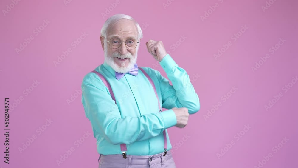 Aged man dance active vintage discotheque isolated pastel color background
