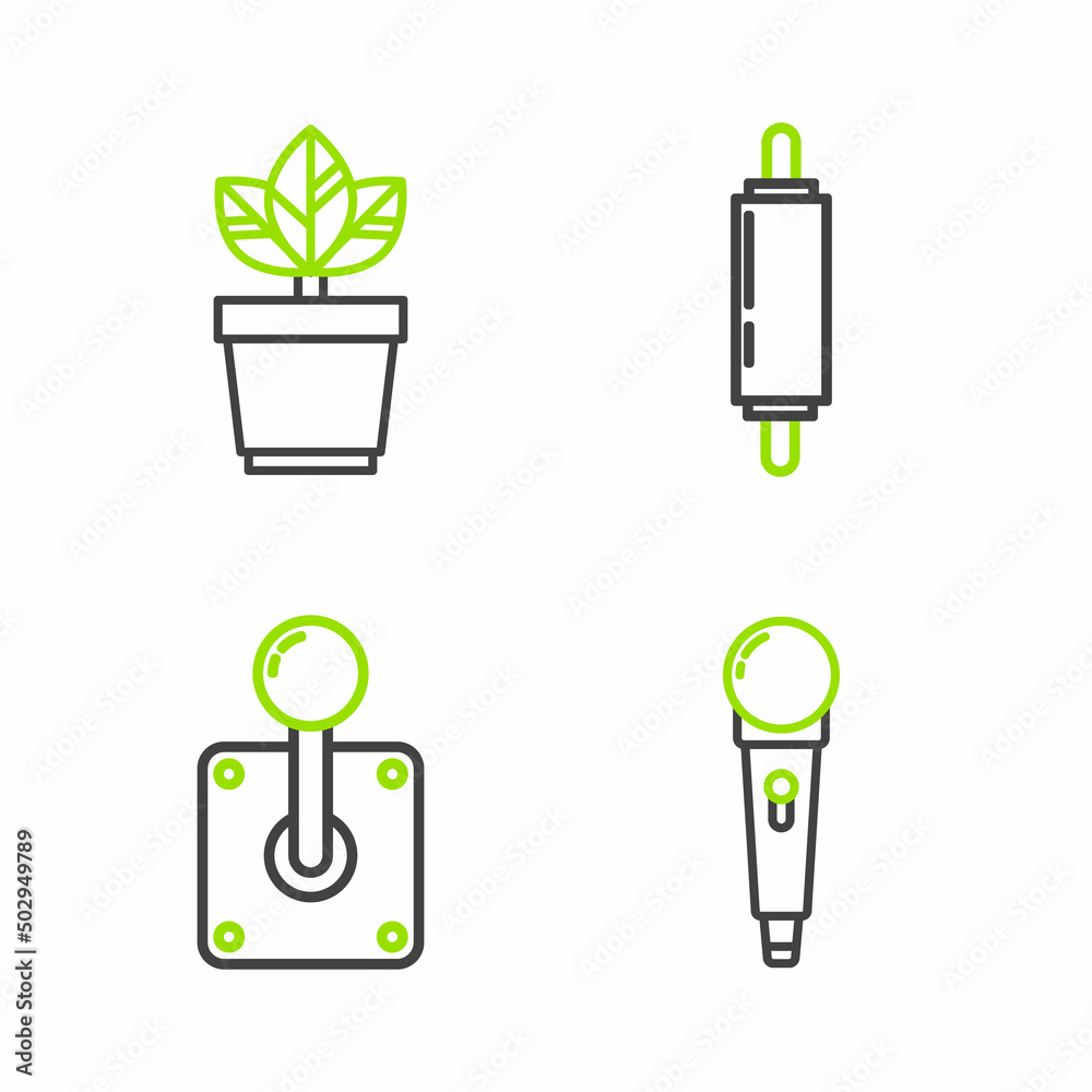 Set line Microphone, Joystick for arcade machine, Rolling pin and Flowers pot icon. Vector Set line Microphone, Joystick for arcade machine, Rolling pin and Flowers pot icon. Vector