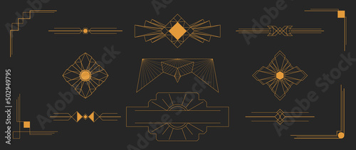 Collection of geometric art deco ornament. Luxury golden decorative elements with lines, ornate corner, borders, frames, headers, dividers. Set of elegant design suitable for card, invitation, poster.