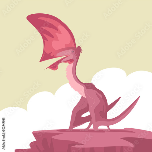 Ancient flying large pangolin pterosaur on top of a rock. Predatory dinosaur of the Jurassic period. Prehistoric animal. Vector illustration