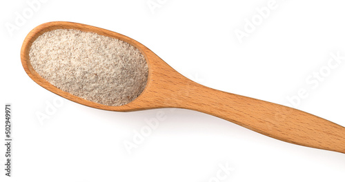 Raw rye flour in the wooden spoon, isolated on white background, top view