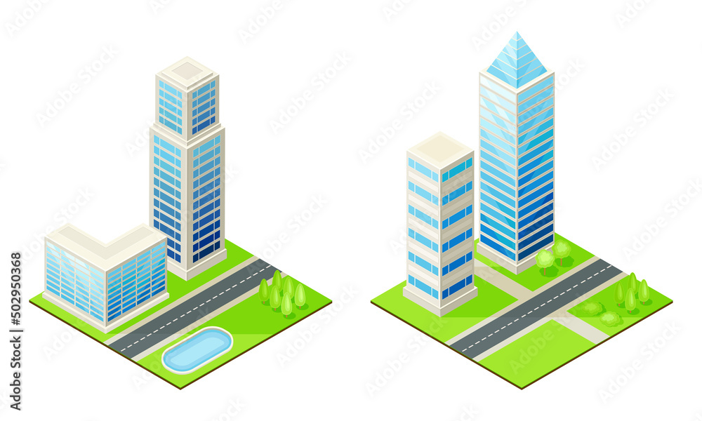 Skyscrapers modern city houses. Exterior of city buildings isometric vector illustration