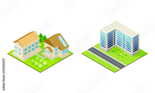 Residential and public buildings set. Suburban and urban houses exterior vector illustration