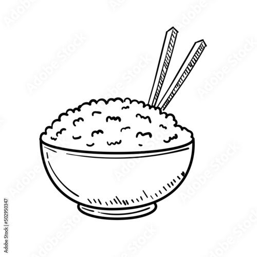 Bowl of rice vector illustration in doodle drawing style isolated on white background