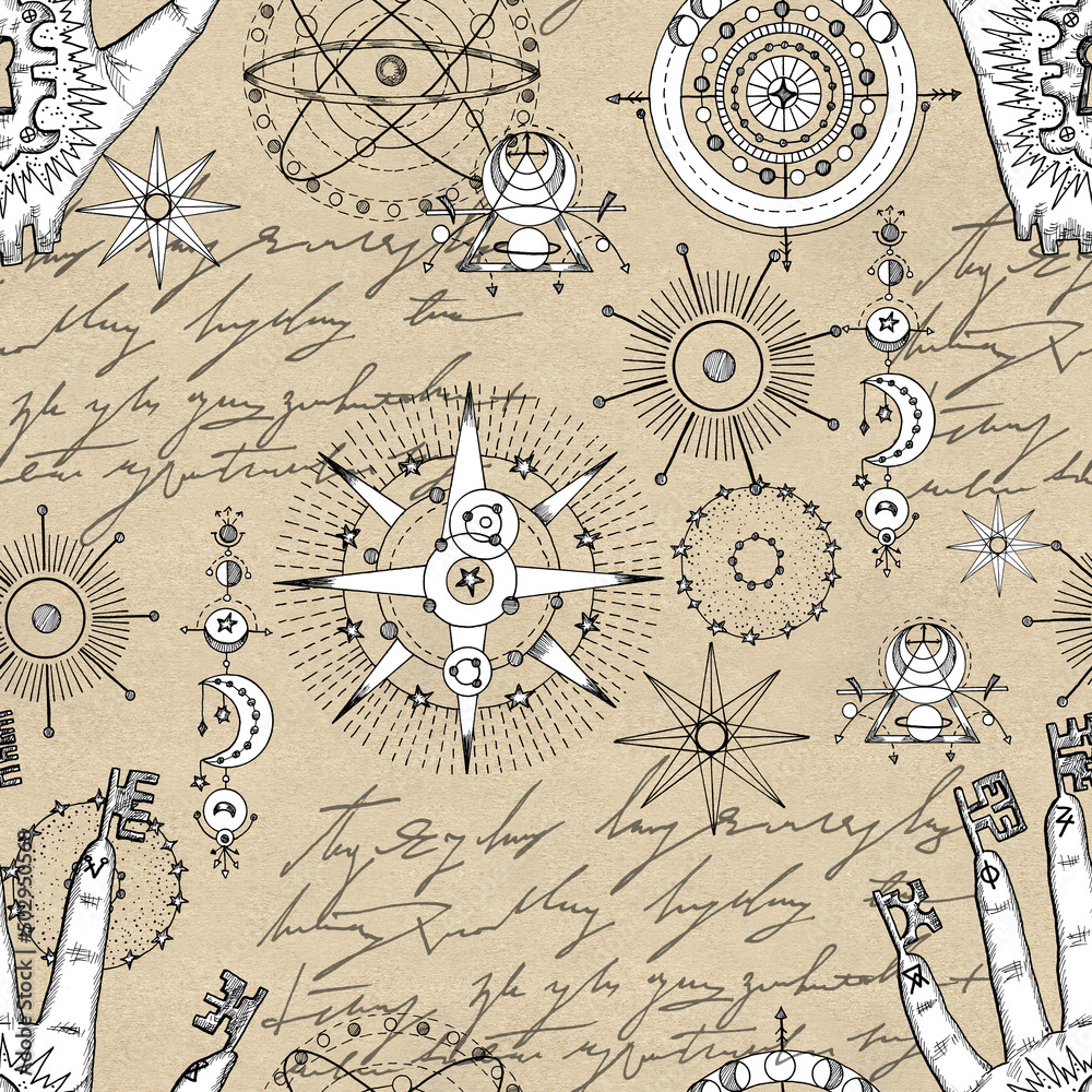 Seamless pattern with fantasy mystic symbols, hand writing letters and celestial signs of sun and moon. Esoteric, occult and gothic concept, no foreign language.