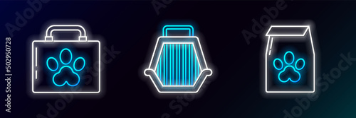 Set line Bag of food for pet, Pet first aid kit and carry case icon. Glowing neon. Vector