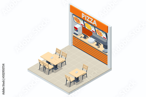 Isometric Fast Food Court Pizza, Restaurant Interior, Food court pizza, cafeteria