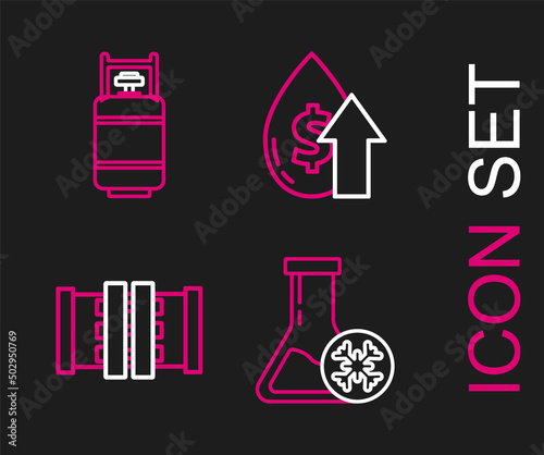 Set line Antifreeze test tube, Industry metallic pipes and valve, Oil price increase and Propane gas tank icon. Vector