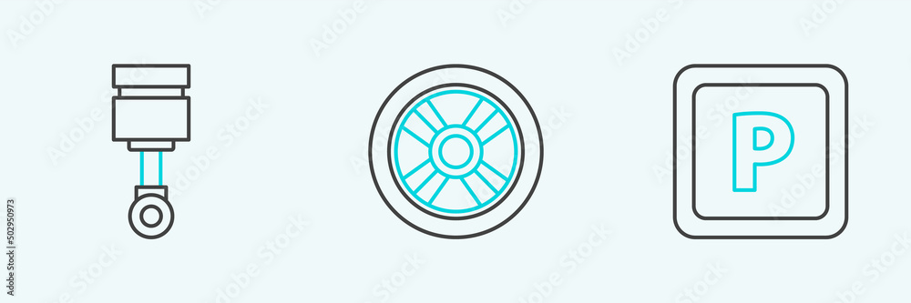 Set line Parking, Engine piston and Car wheel icon. Vector