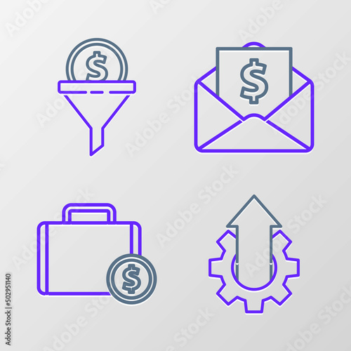 Set line Arrow growth gear business, Briefcase and money, Envelope with coin dollar and Lead management icon. Vector