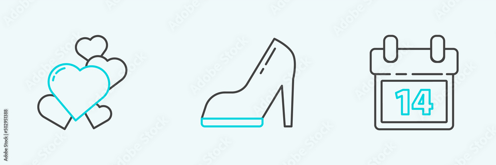 Set line Calendar with February 14, Heart and Woman shoe high heel icon. Vector Set line Calendar with February 14, Heart and Woman shoe high heel icon. Vector