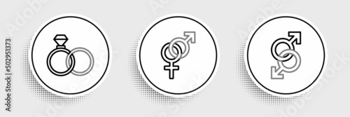 Set line Male gender symbol, Wedding rings and Gender icon. Vector