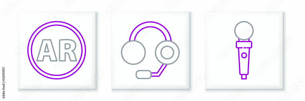 Set line Joystick for arcade machine, Ar, augmented reality and Headphones icon. Vector Set line Joystick for arcade machine, Ar, augmented reality and Headphones icon. Vector