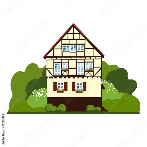 Bavarian, german fahverk house. 
Hand-drawing cartoon flat illustration