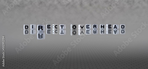 direct overhead word or concept represented by black and white letter cubes on a grey horizon background stretching to infinity