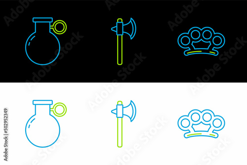 Set line Brass knuckles, Hand grenade and Medieval axe icon. Vector