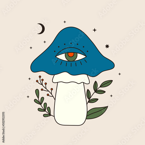70s vector psychedelic tattoo mushroom with eye. Retro groovy graphic element of poisonous toadstool. Cartoon funky sticker. Vintage boho illustration