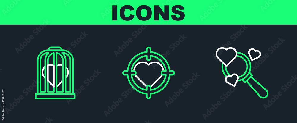 Set line Search heart and love, Heart in the bird cage and center of darts target aim icon. Vector Set line Search heart and love, Heart in the bird cage and center of darts target aim icon. Vector