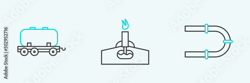 Set line Industry pipe, Oil railway cistern and rig with fire icon. Vector