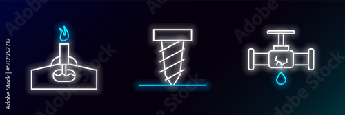 Set line Broken pipe with leaking water, Oil rig fire and Rotating drill digging hole icon. Glowing neon. Vector