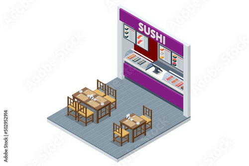 Isometric Fast Food Court Sushi, Restaurant Interior, Catering, Shopping Mall