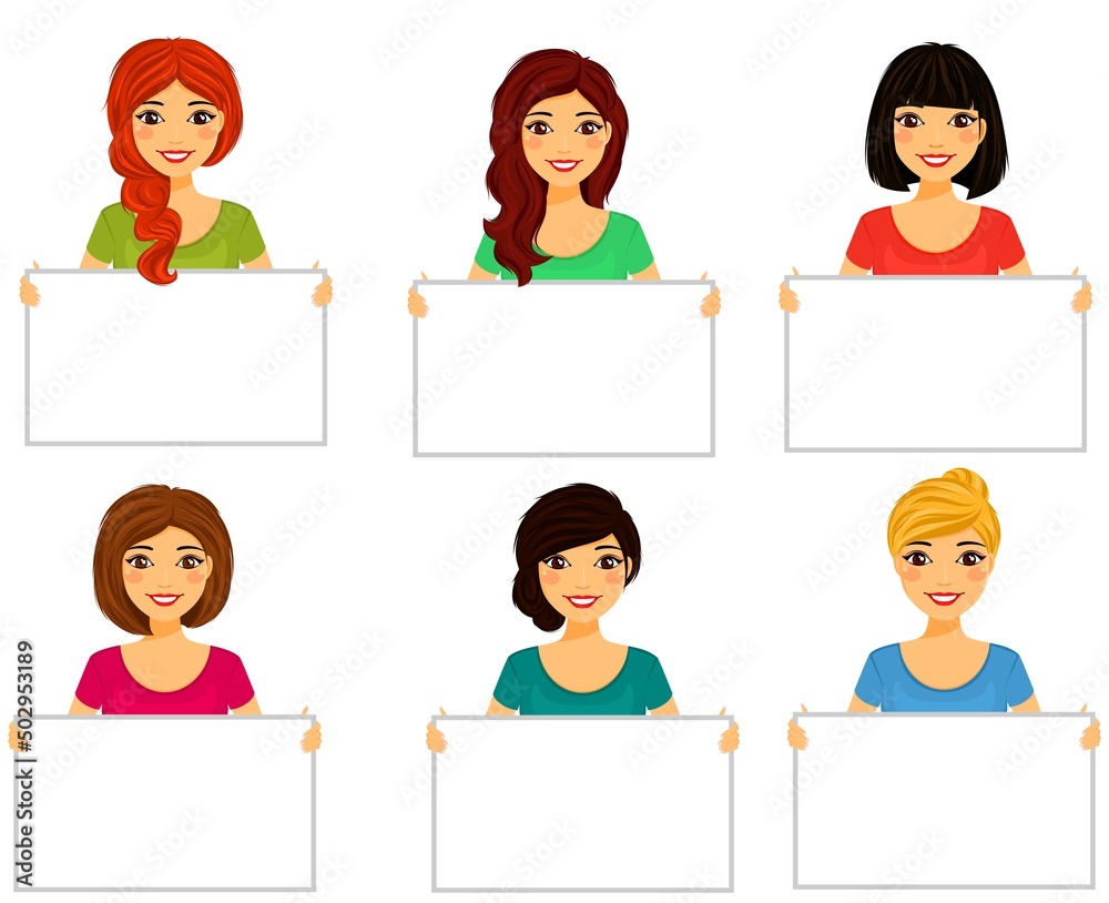Young women hold posters in their hands. Different hair color, different hairstyles. Character. Business and advertising. Flat style on a white background. Cartoon. Young women hold posters in their hands. Different hair color, different hairstyles. Character. Business and advertising. Flat style on a white background. Cartoon.