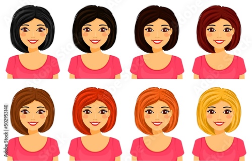 Set. Beautiful young woman with different hair color. Flat style on a white background. Cartoon