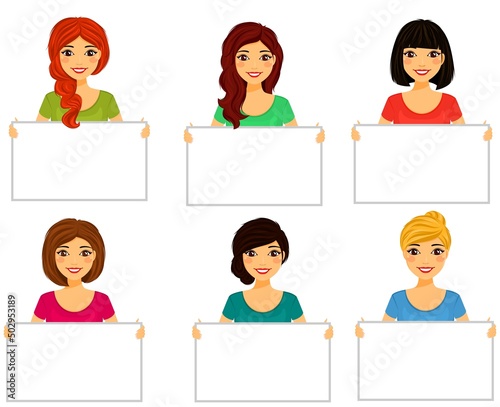 Young women hold posters in their hands. Different hair color, different hairstyles. Character. Business and advertising. Flat style on a white background. Cartoon.