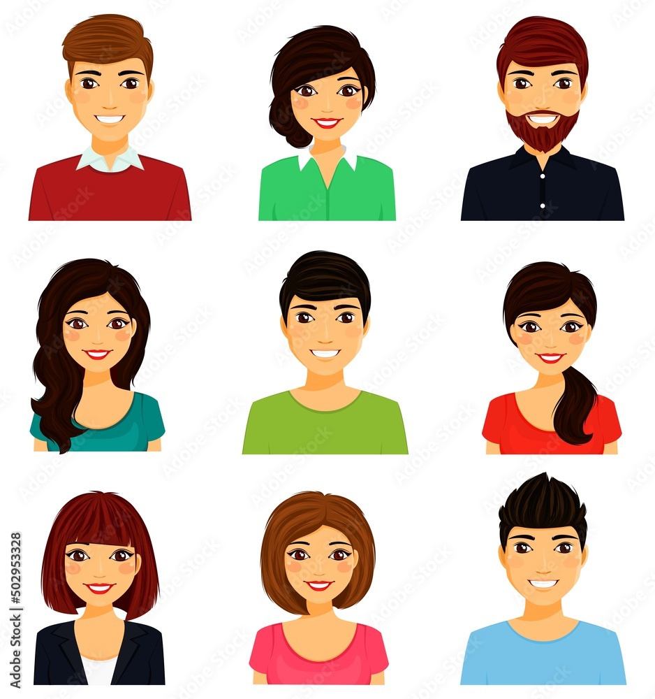 A set of avatars of girls and guys. Male and female faces. Male and female portraits. Collection of characters. Flat style. Cartoon. A set of avatars of girls and guys. Male and female faces. Male and female portraits. Collection of characters. Flat style. Cartoon.