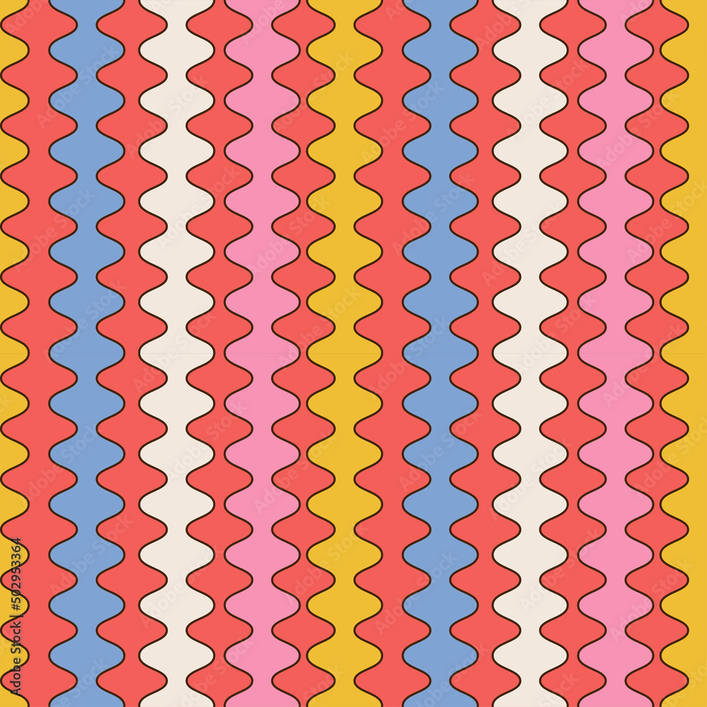 70s Geometric Retro seamless pattern. Rainbow colorful nostalgic background design with pockmarked stripes. Flat outline vector illustration.
