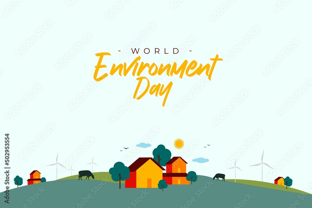 World environment day typography with an eco-friendly village, forest landscape abstract background. Natural energy vector illustration background design. World environment day typography with an eco-friendly village, forest landscape abstract background. Natural energy vector illustration background design.