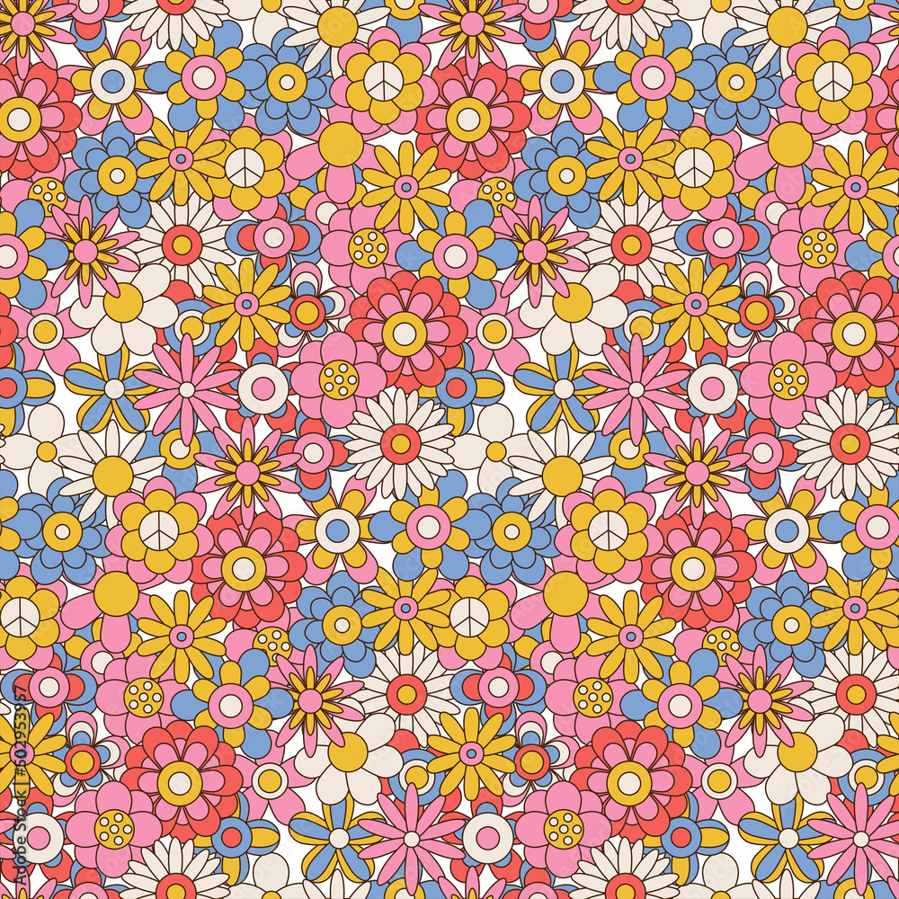 60s and 70s retro vintage flowers seamless pattern. Floral background with different hippie daisies. Outline color vector illustration.