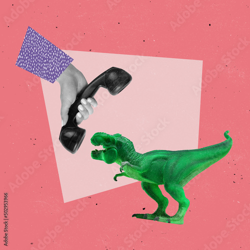 Fototapeta Naklejka Na Ścianę i Meble -  Contemporary art collage. Abstract image of retro phone and green dinosaur isolated over pink background