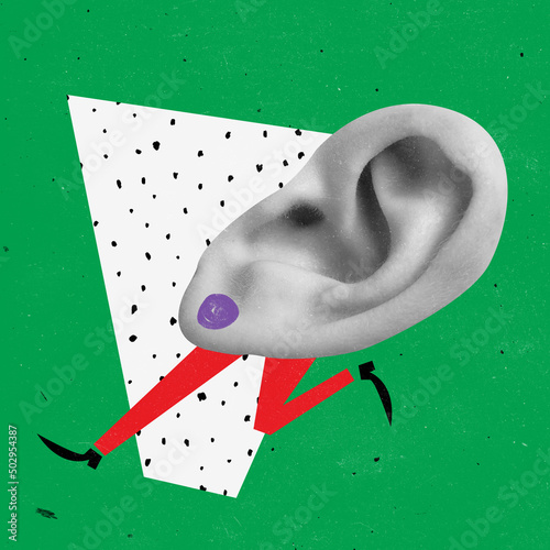 Contemporary art collage. Human ear running isolated over green background. Spreading news and rumors
