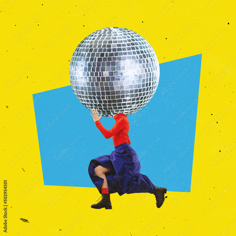 Contemporary art collage. Woman dancing with retro disco ball head isolated over yellow background. Party time - obrazy, fototapety, plakaty 