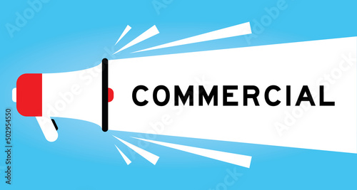 Color megaphone icon with word commercial in white banner on blue background