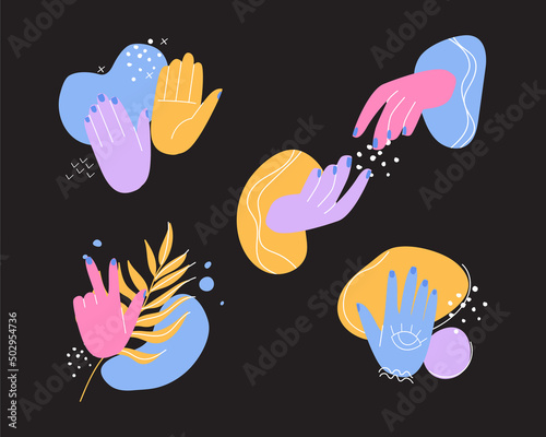 Abstract set of hands combined with lines and blots. Flat vector illustration. Eps10