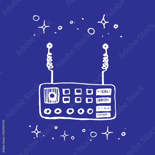 Space radio transmitter doodle illustration on dark blue