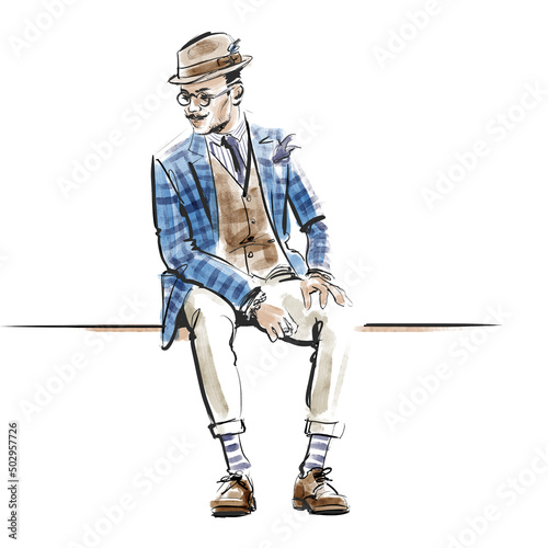 Fashion illustration of a well dressed dandy gentleman sitting on a ledge, wearing checkered jacket, waistcoat and glasses, as well as a fedora hat. 